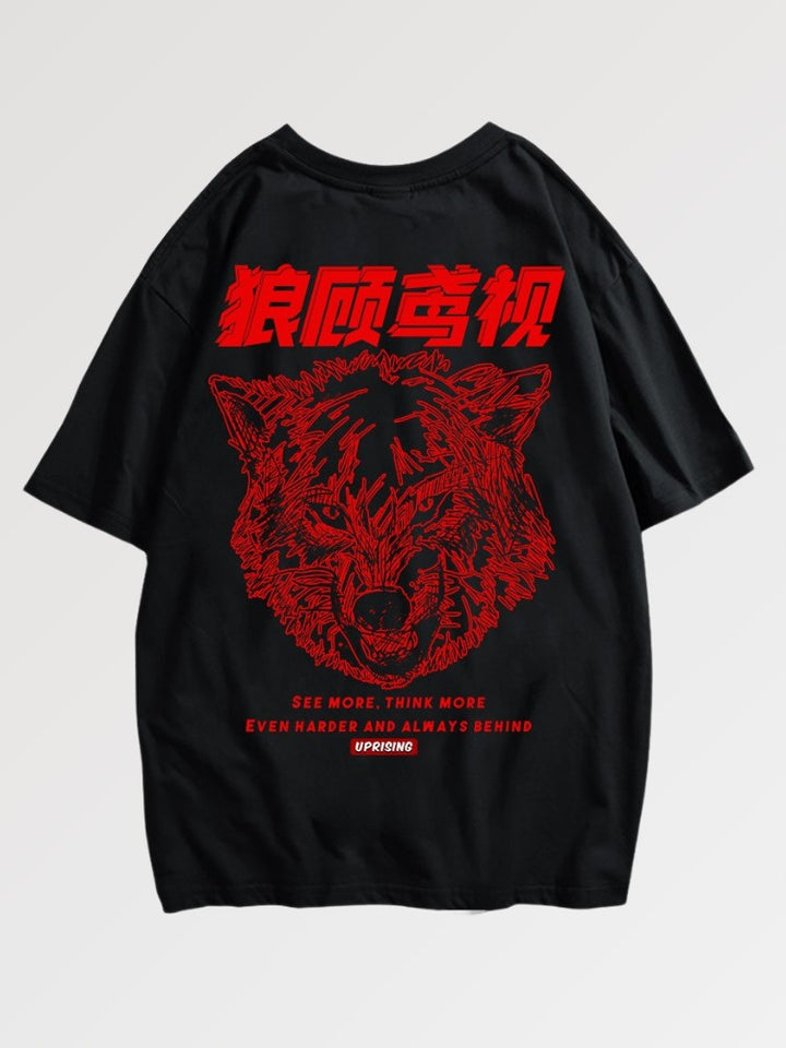 T-shirt à inscription japonaise d'un animal représentant la férocité et la débauche
