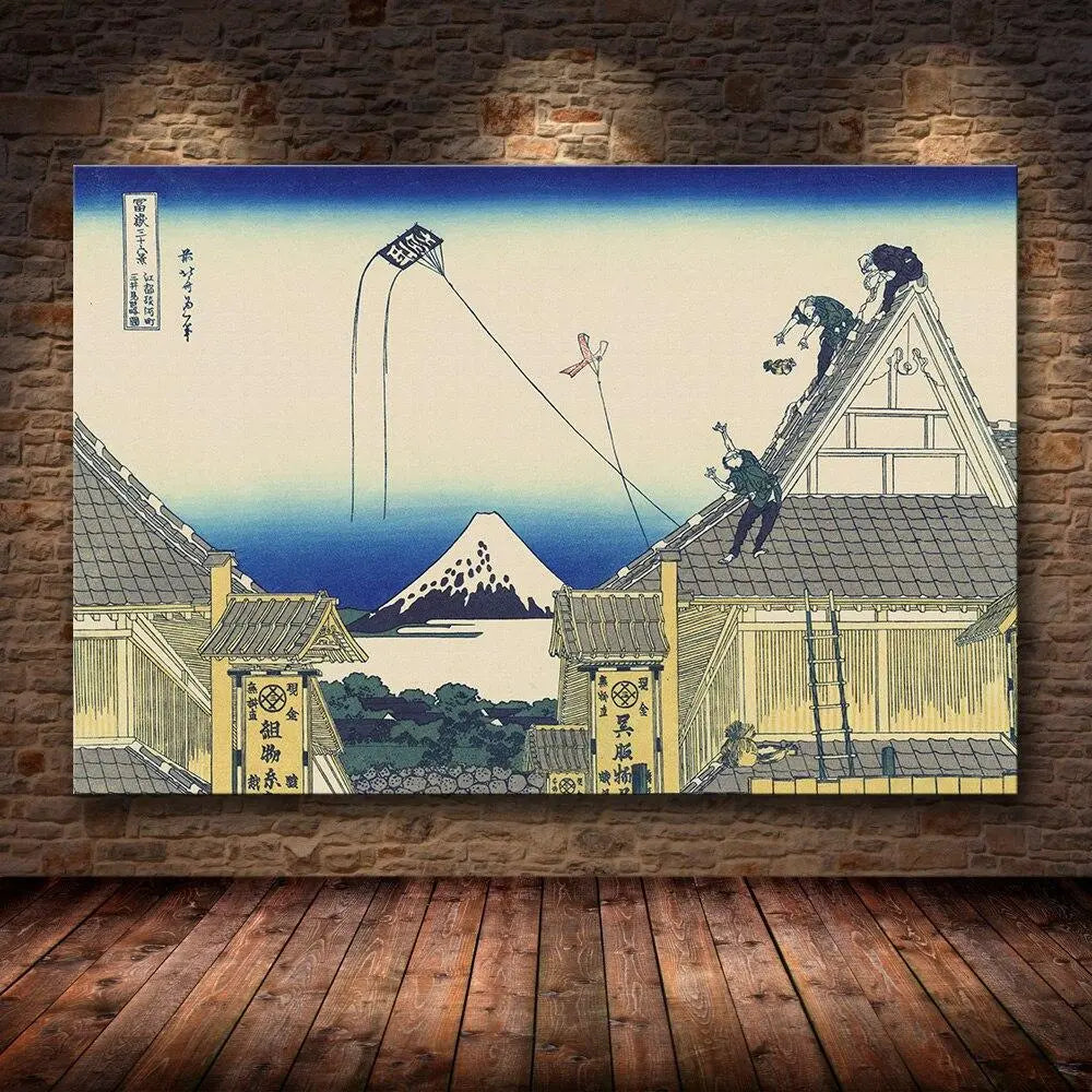 Reproduction estampe ukiyo-e couvreurs sur le toit Mitsui à Suruga-chō avec mont Fuji — Japanstreet