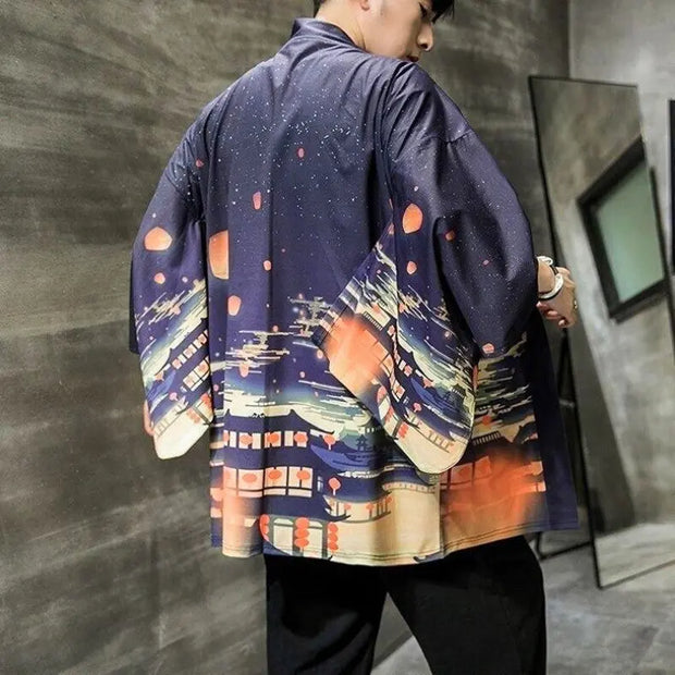 Veste de Kimono Haori pour Homme représentant un festival japonais dans un village traditionnel