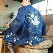 Veste Kimono Bleu Marine au motif de grues couronnées et de la grande vague