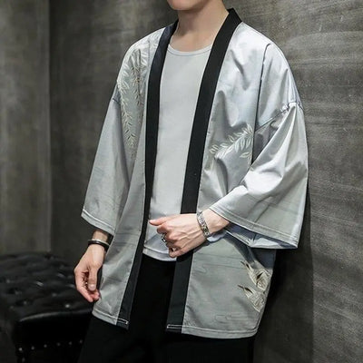 Veste de Kimono Grise pour Homme au motif d'oiseaux japonais imprimés dans le dos