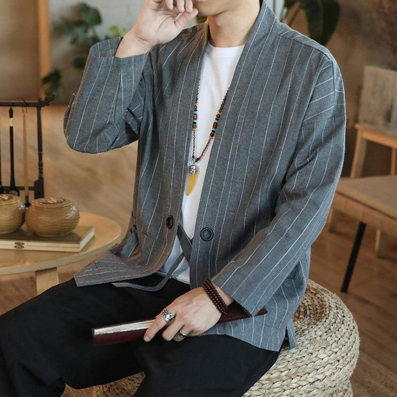 Veste Kimono Grise à Rayure 'Takao'