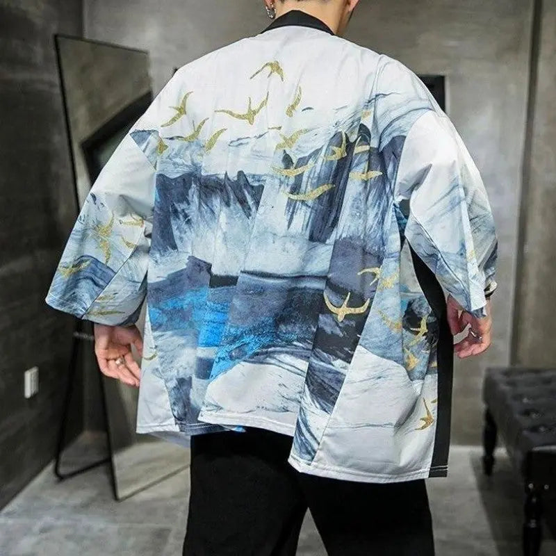 Vintage Haori pour Homme au paysage japonais nordique imprimé au dos